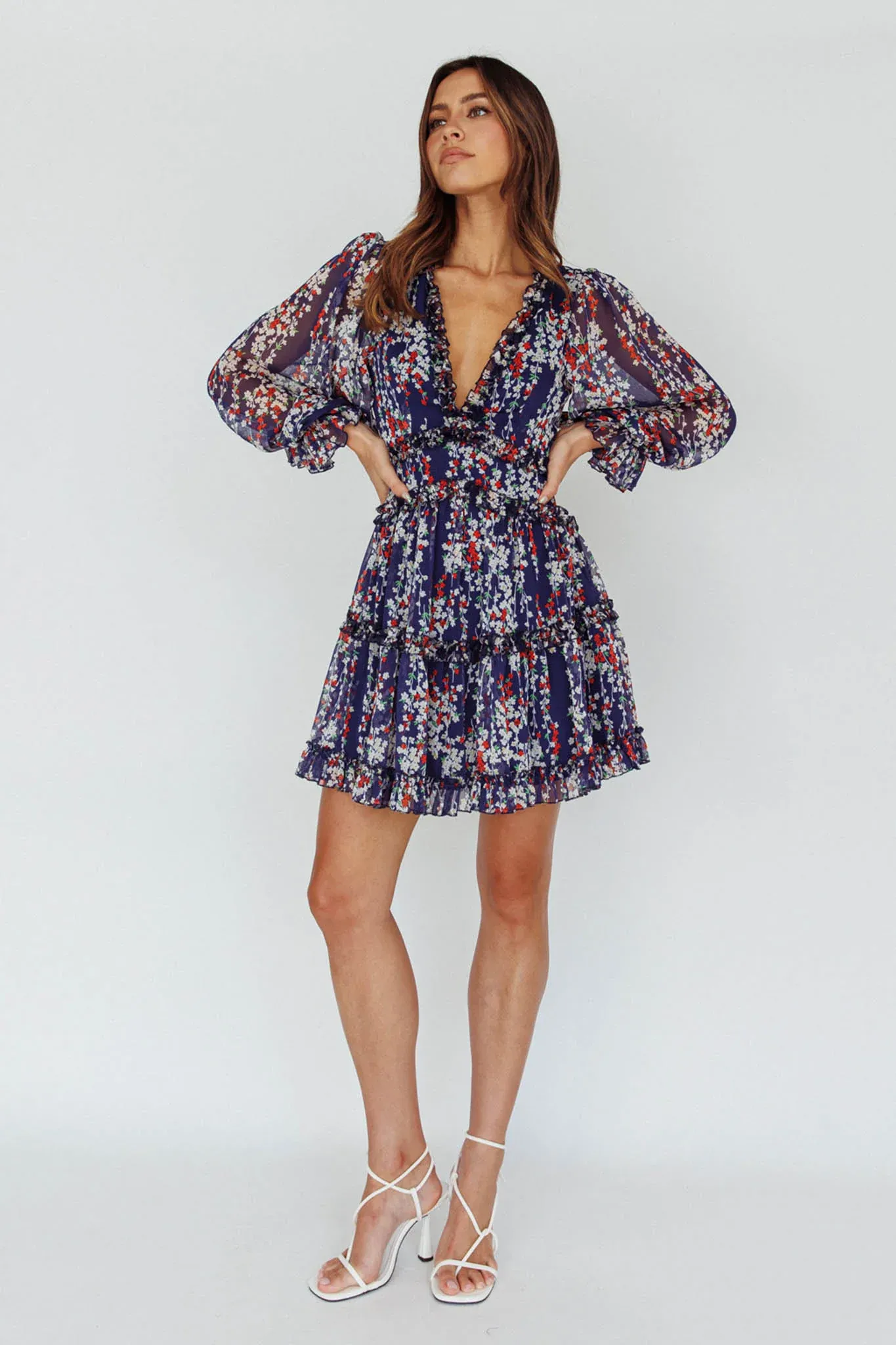 Laney Cutout Back Ruffle Detail Floral Dress Navy