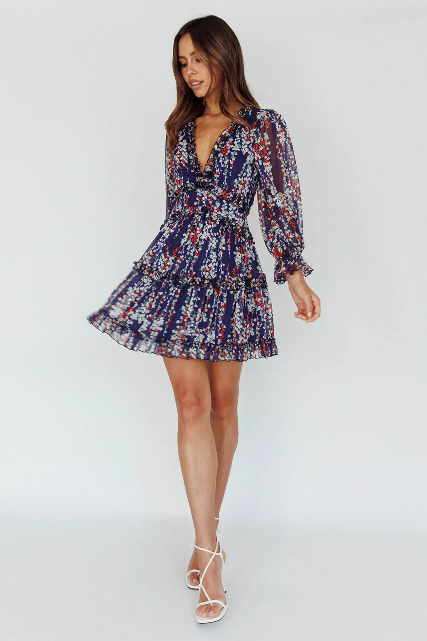 Laney Cutout Back Ruffle Detail Floral Dress Navy