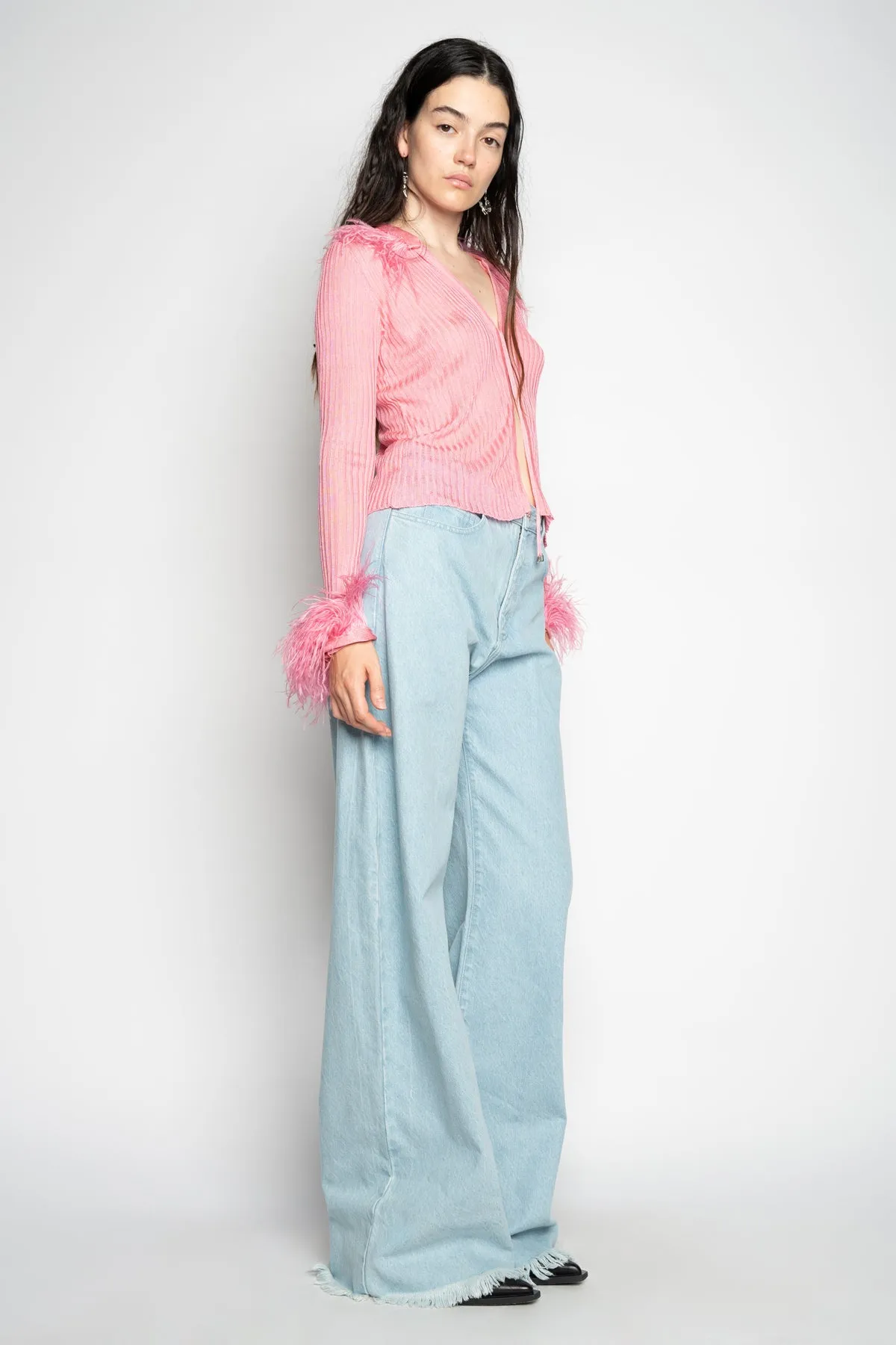 LIGHT PINK VISCOSE KNITTED TOP WITH FEATHERS