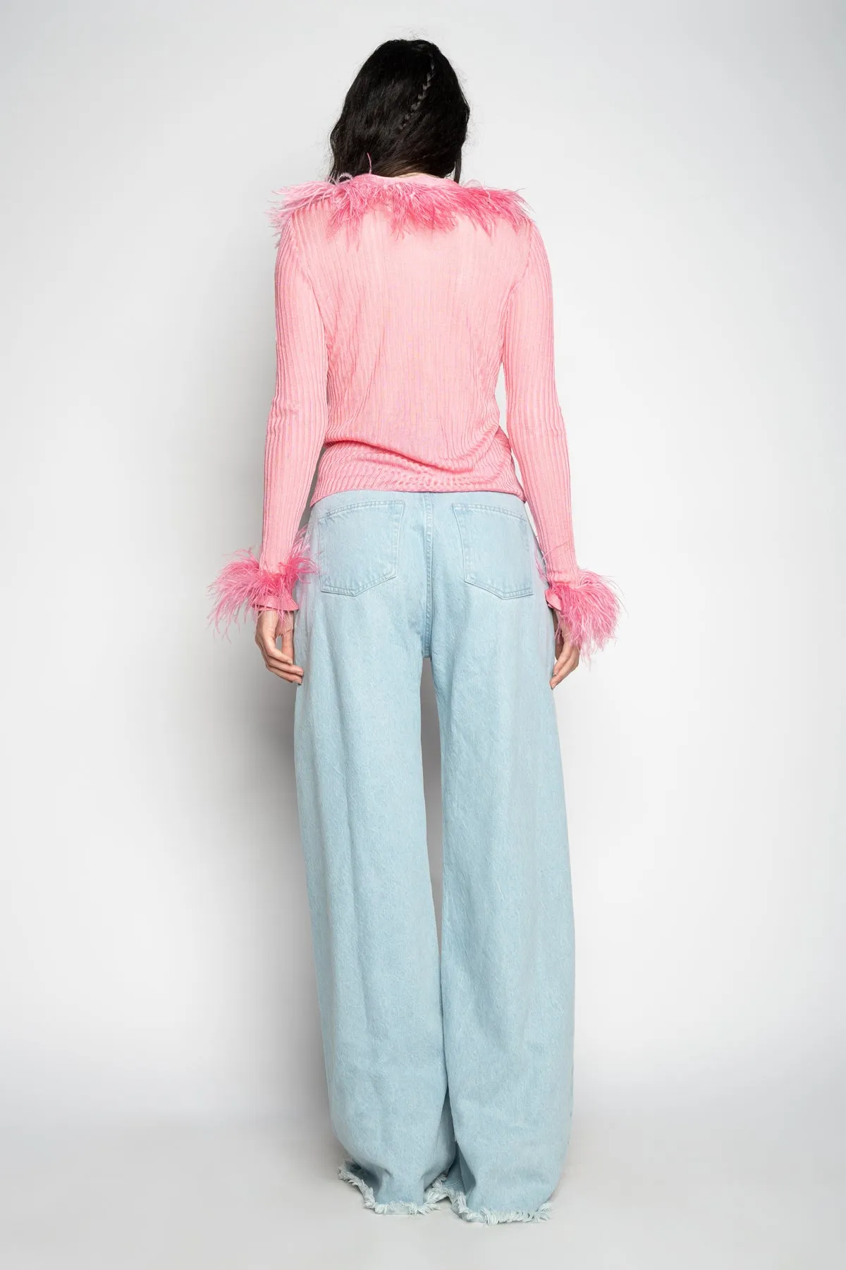 LIGHT PINK VISCOSE KNITTED TOP WITH FEATHERS