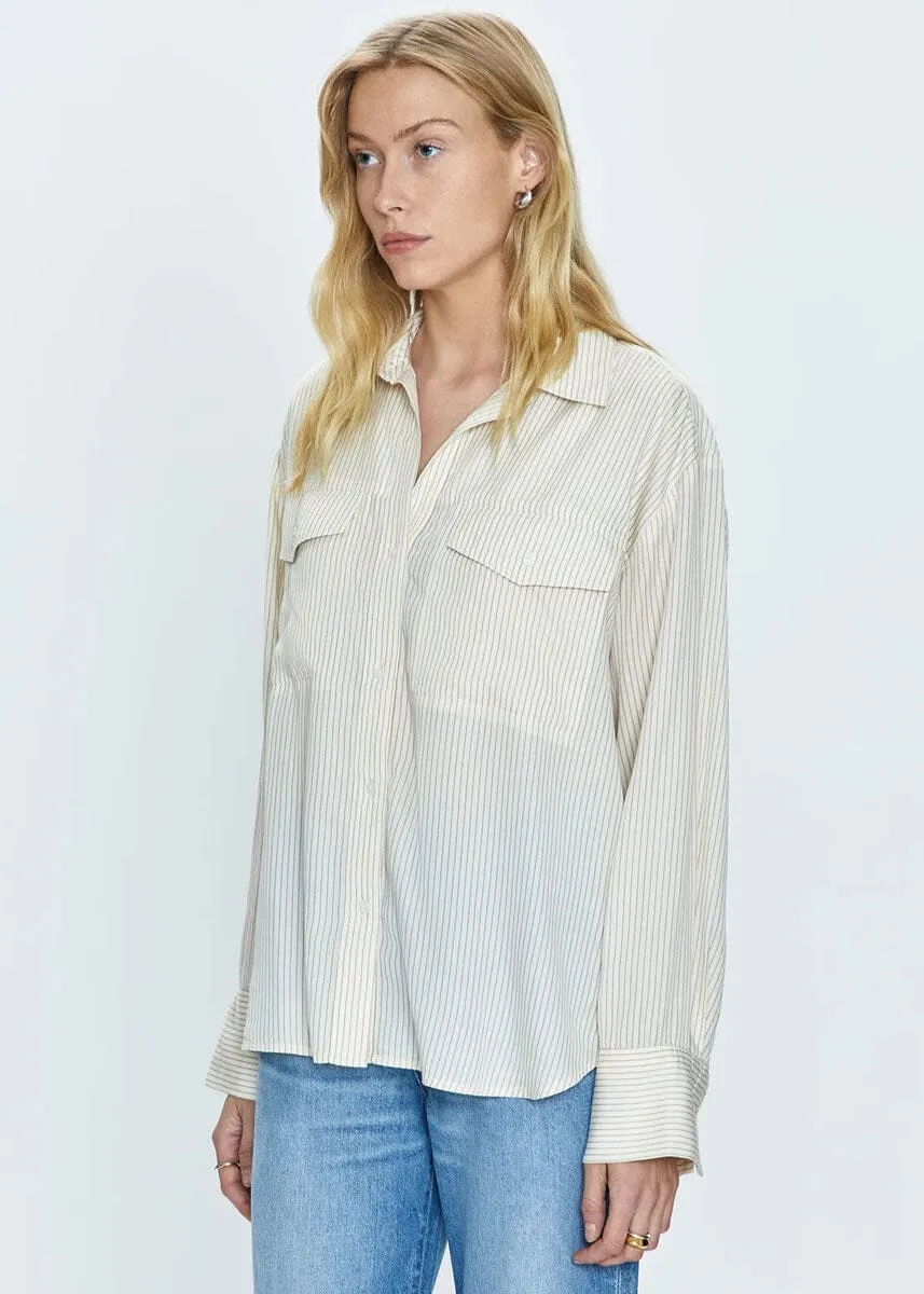 Nellie Oversized Button-Down Shirt - Tan & White Pinstripe