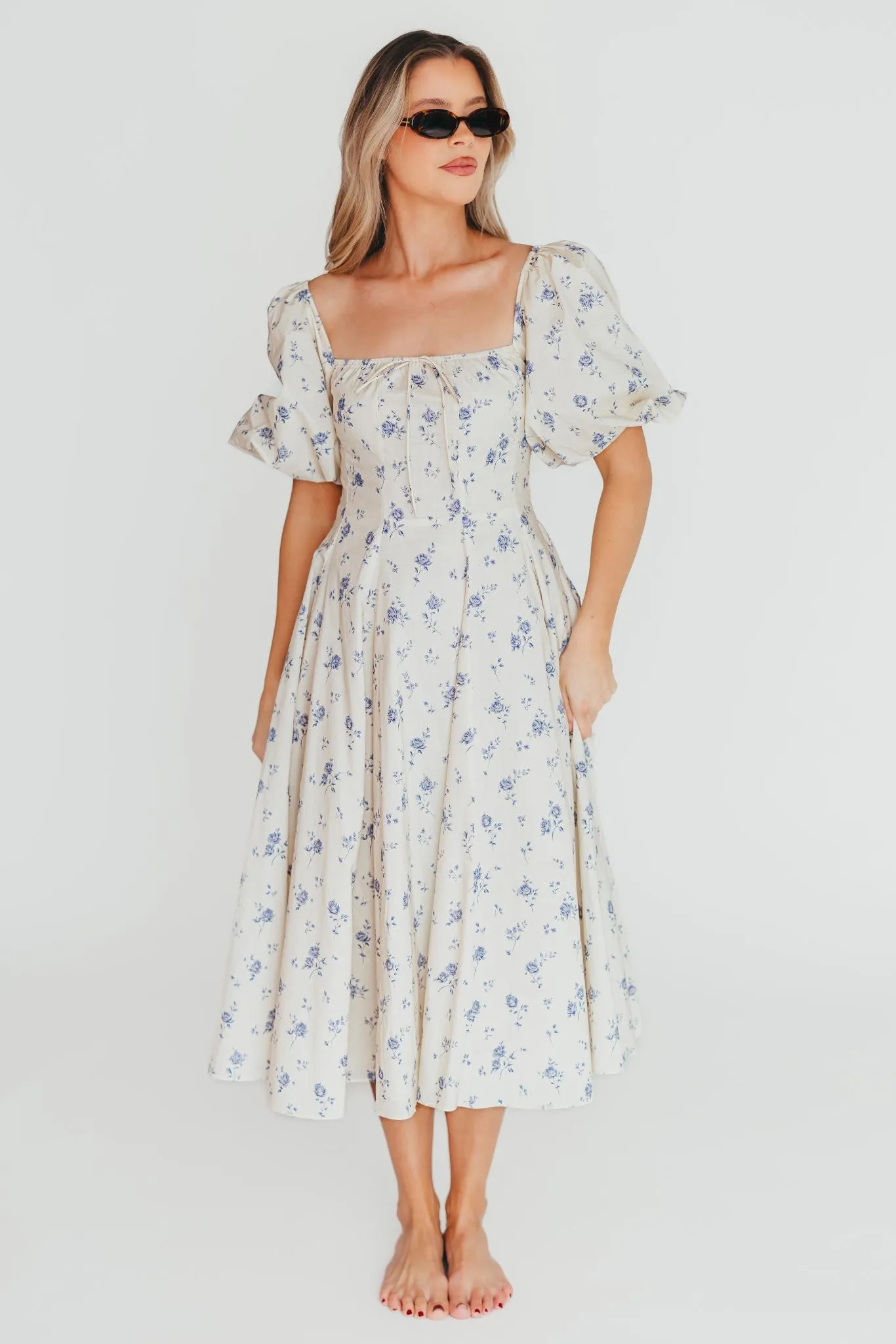 Olivia 100% Cotton Floral Printed Midi Dress in Ivory