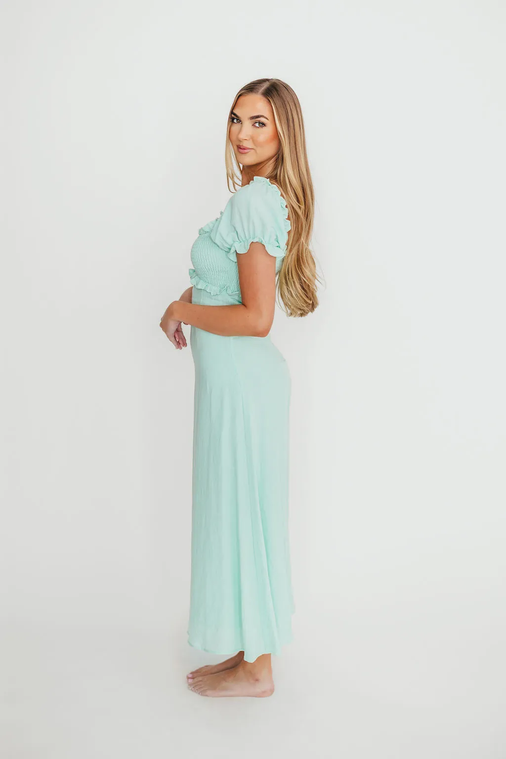 Penny Puff Sleeve Ruffle Midi Dress in Mint