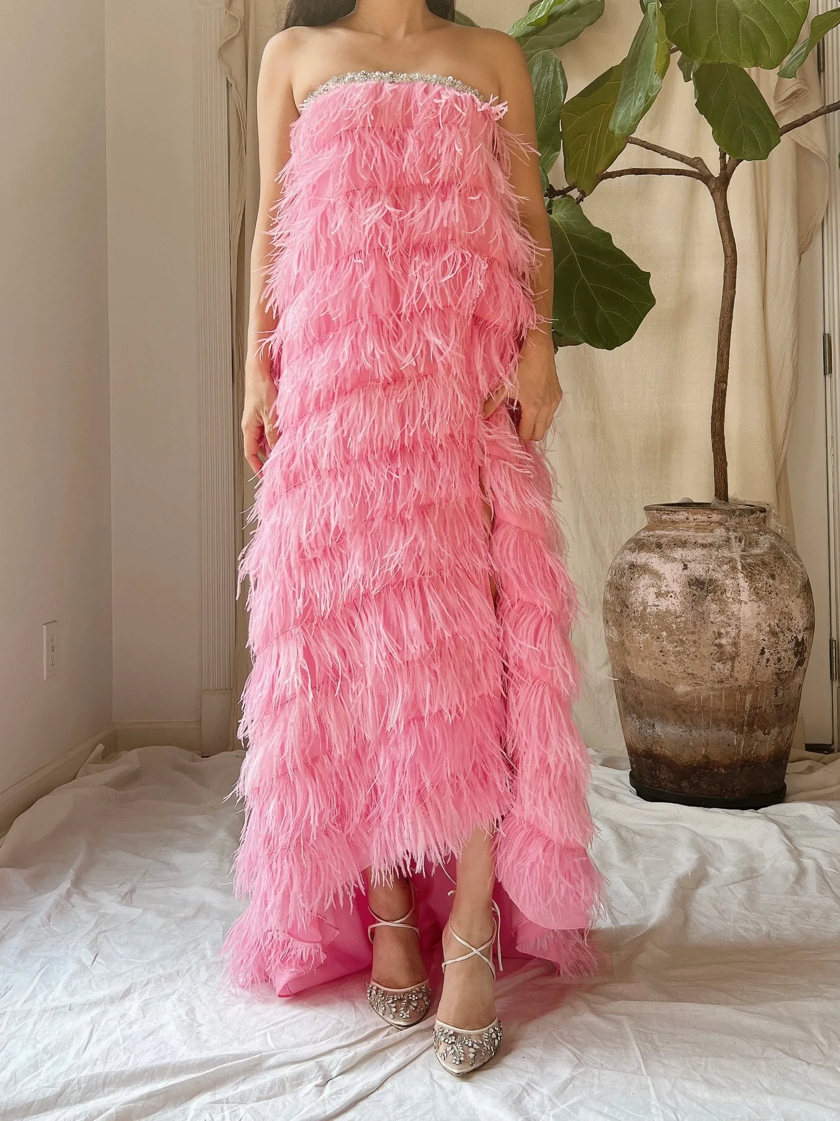 Pink Feather Tiered Dress - S-L