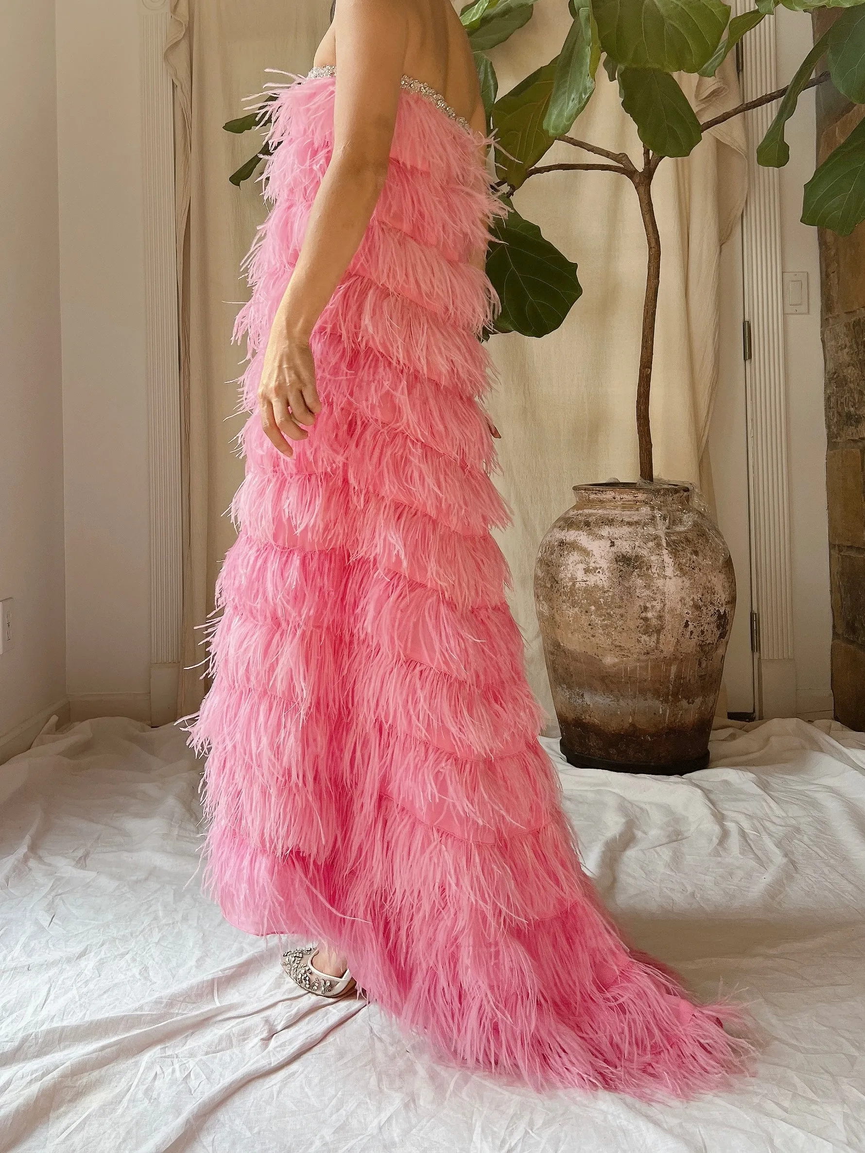 Pink Feather Tiered Dress - S-L