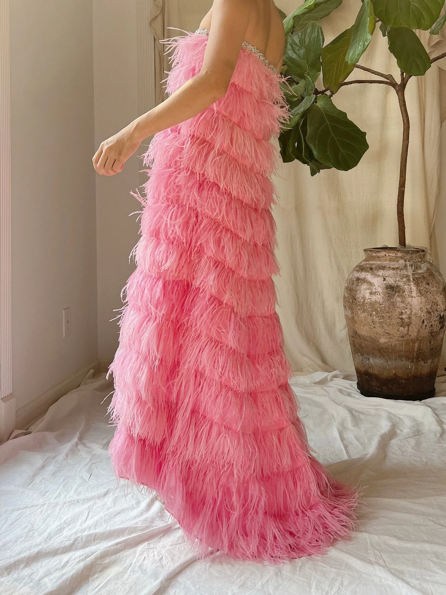 Pink Feather Tiered Dress - S-L
