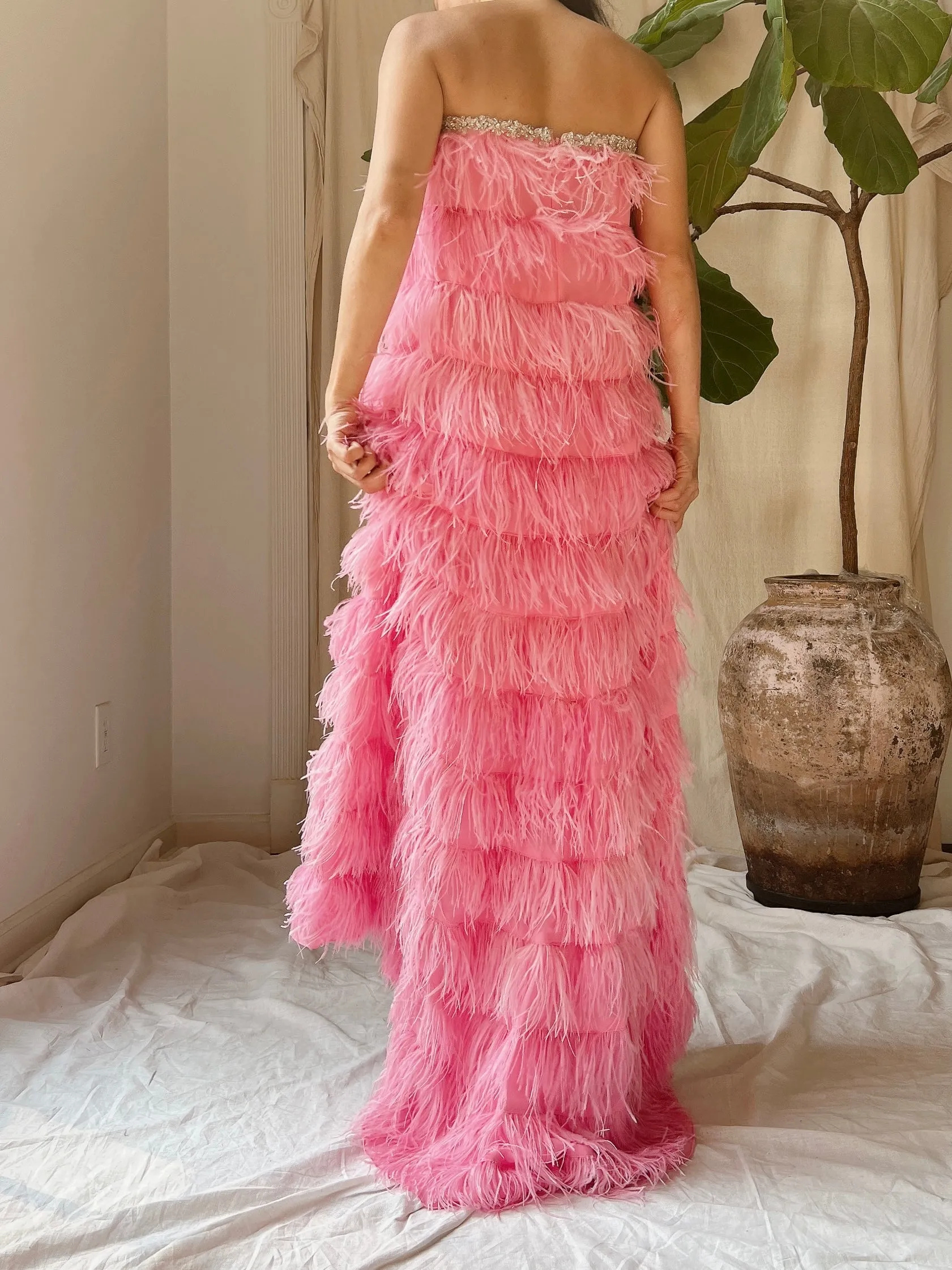 Pink Feather Tiered Dress - S-L