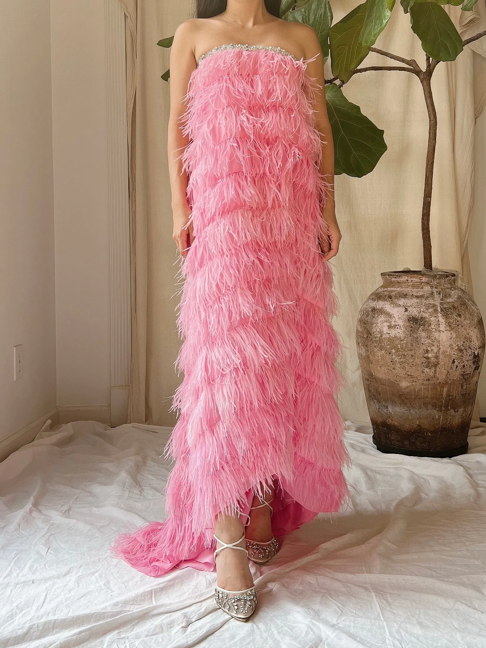 Pink Feather Tiered Dress - S-L