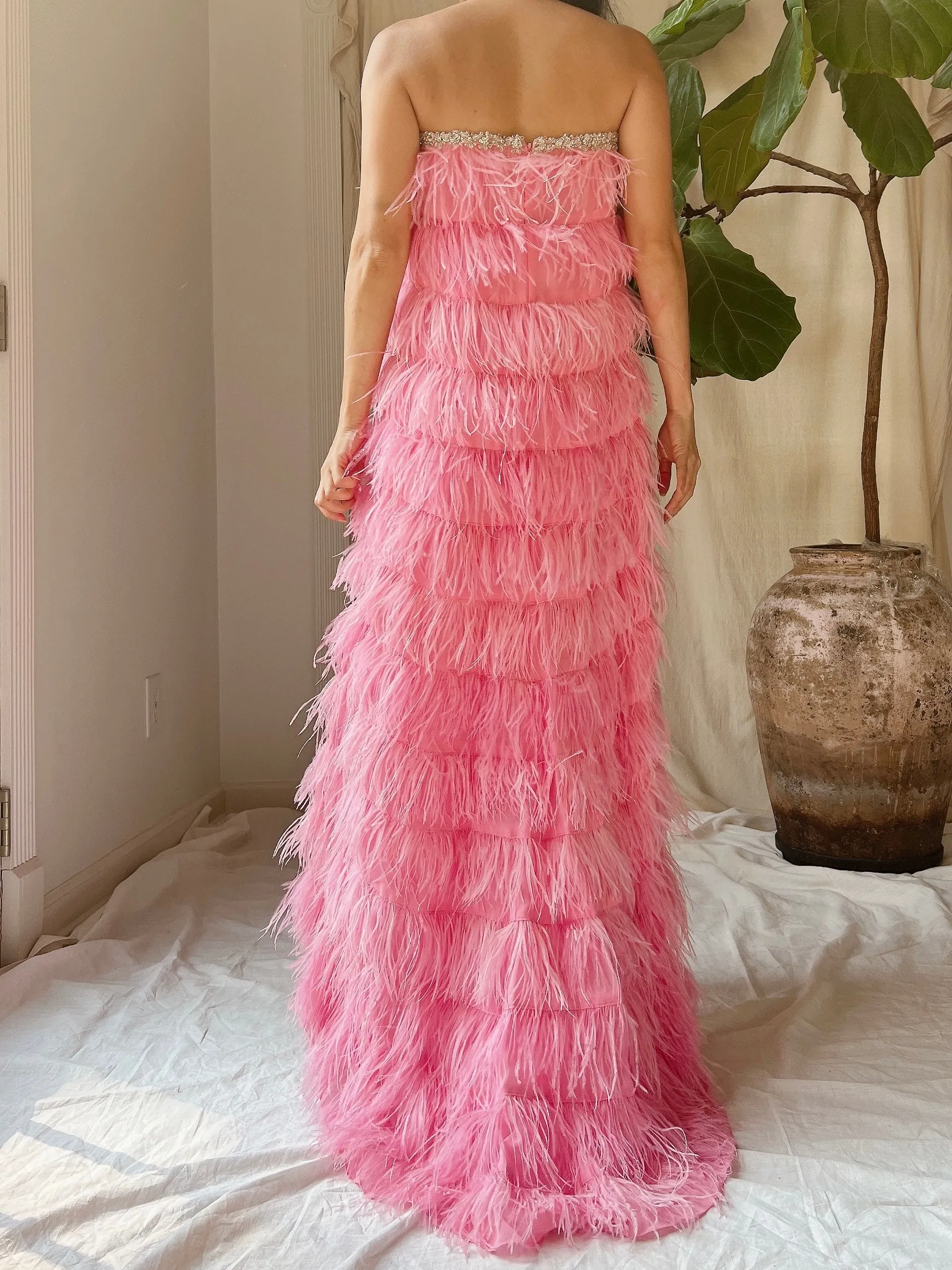 Pink Feather Tiered Dress - S-L