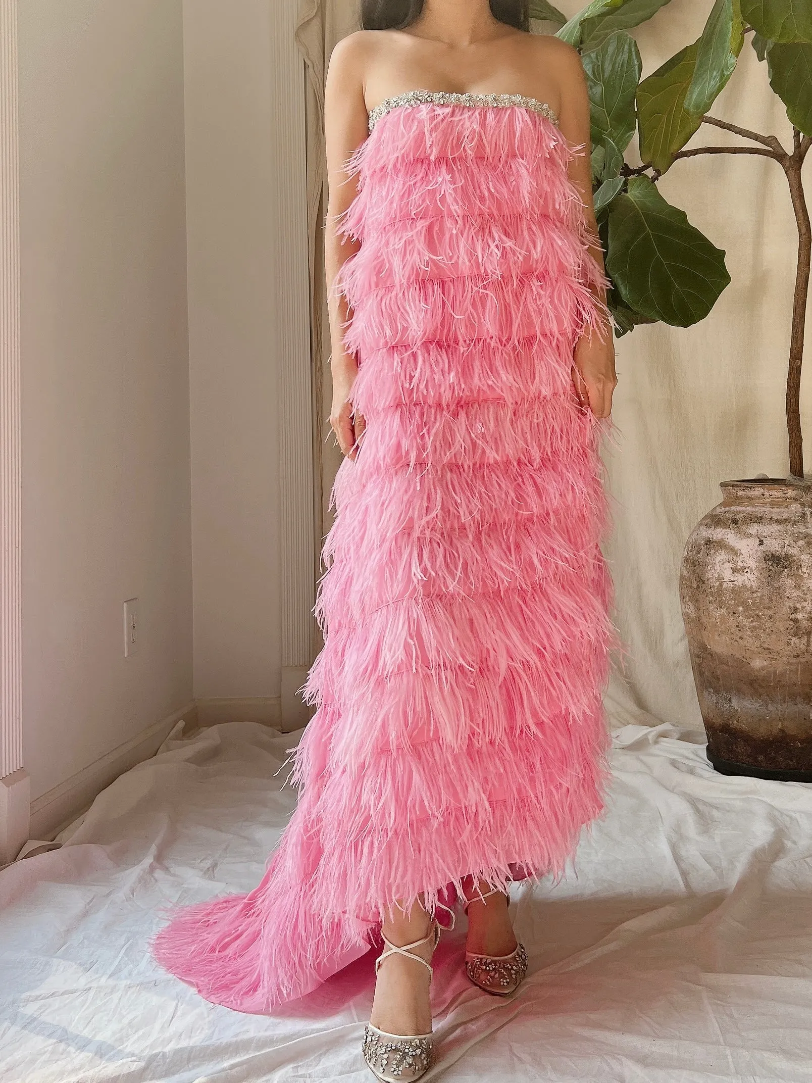 Pink Feather Tiered Dress - S-L