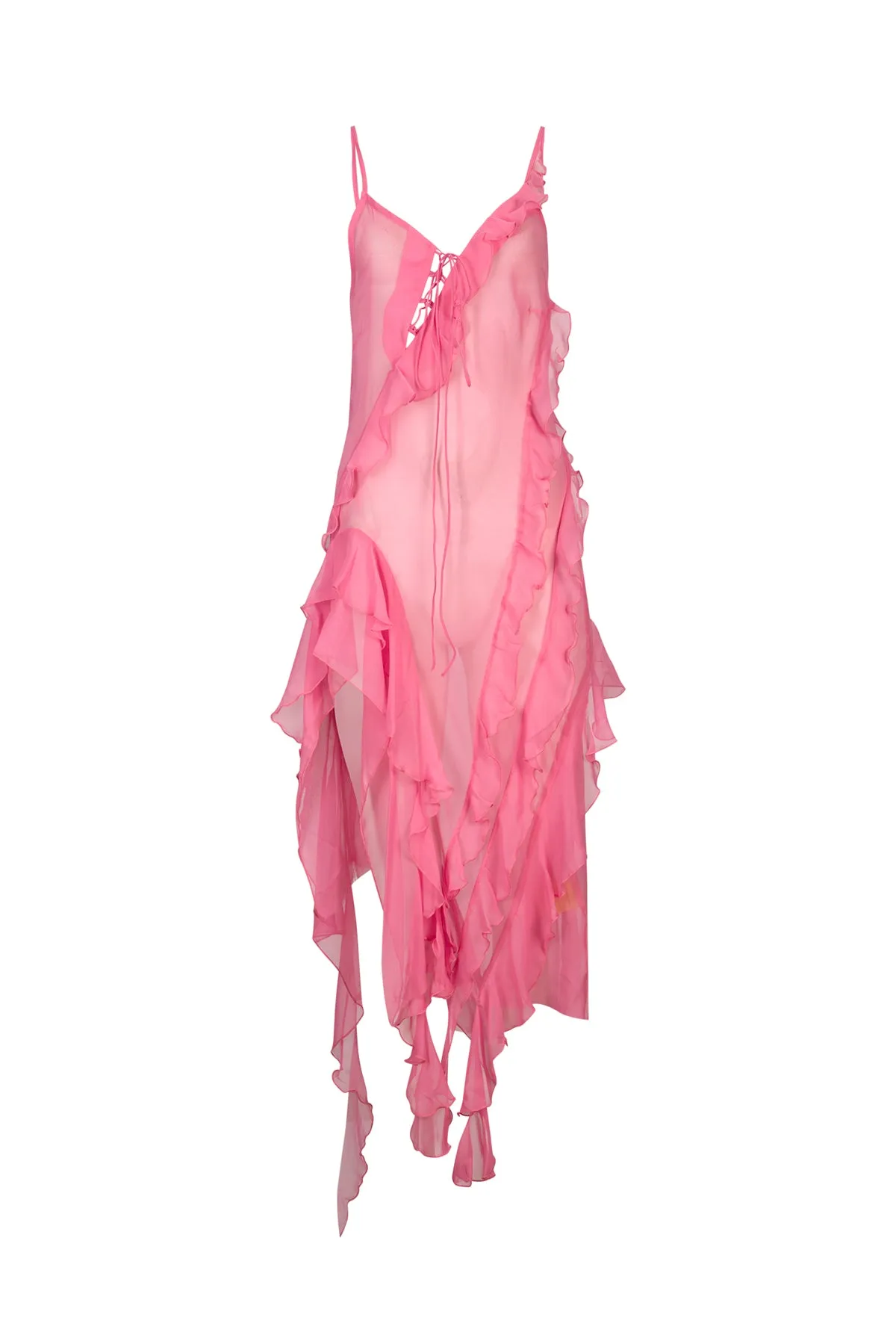 PINK SILK STRAP DRESS WITH FRONT LACE UP
