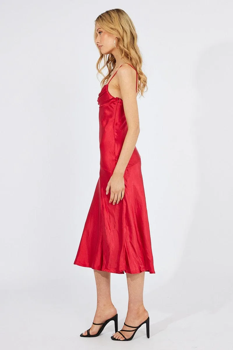 Red Satin Dress Cocktail Split Side Strappy