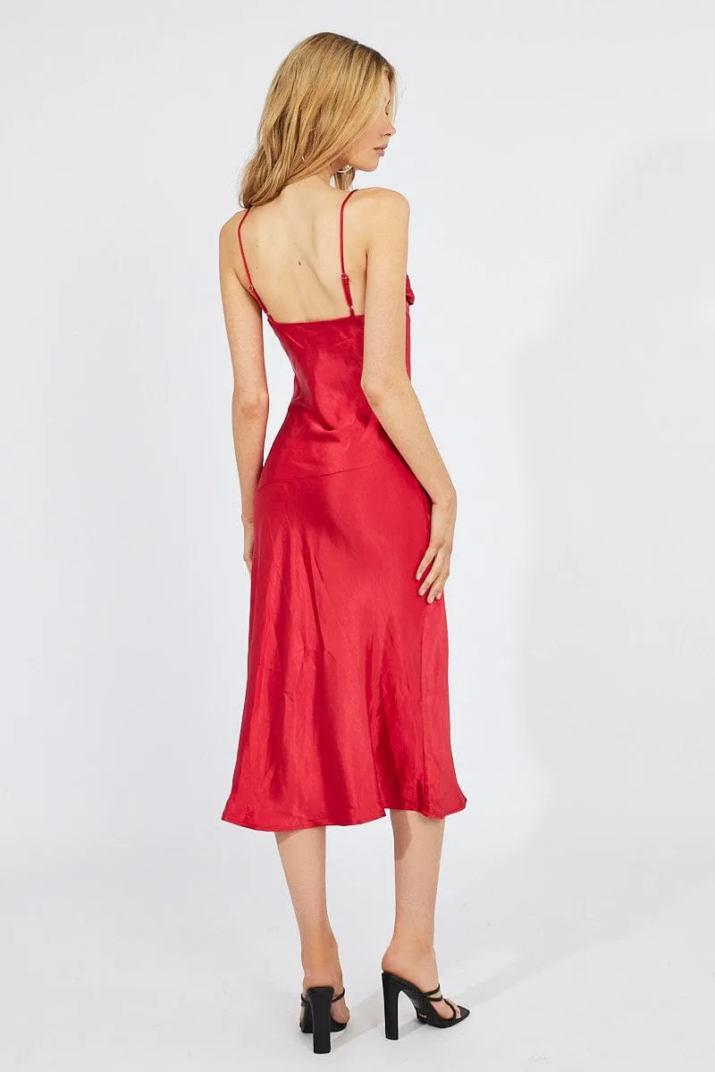Red Satin Dress Cocktail Split Side Strappy
