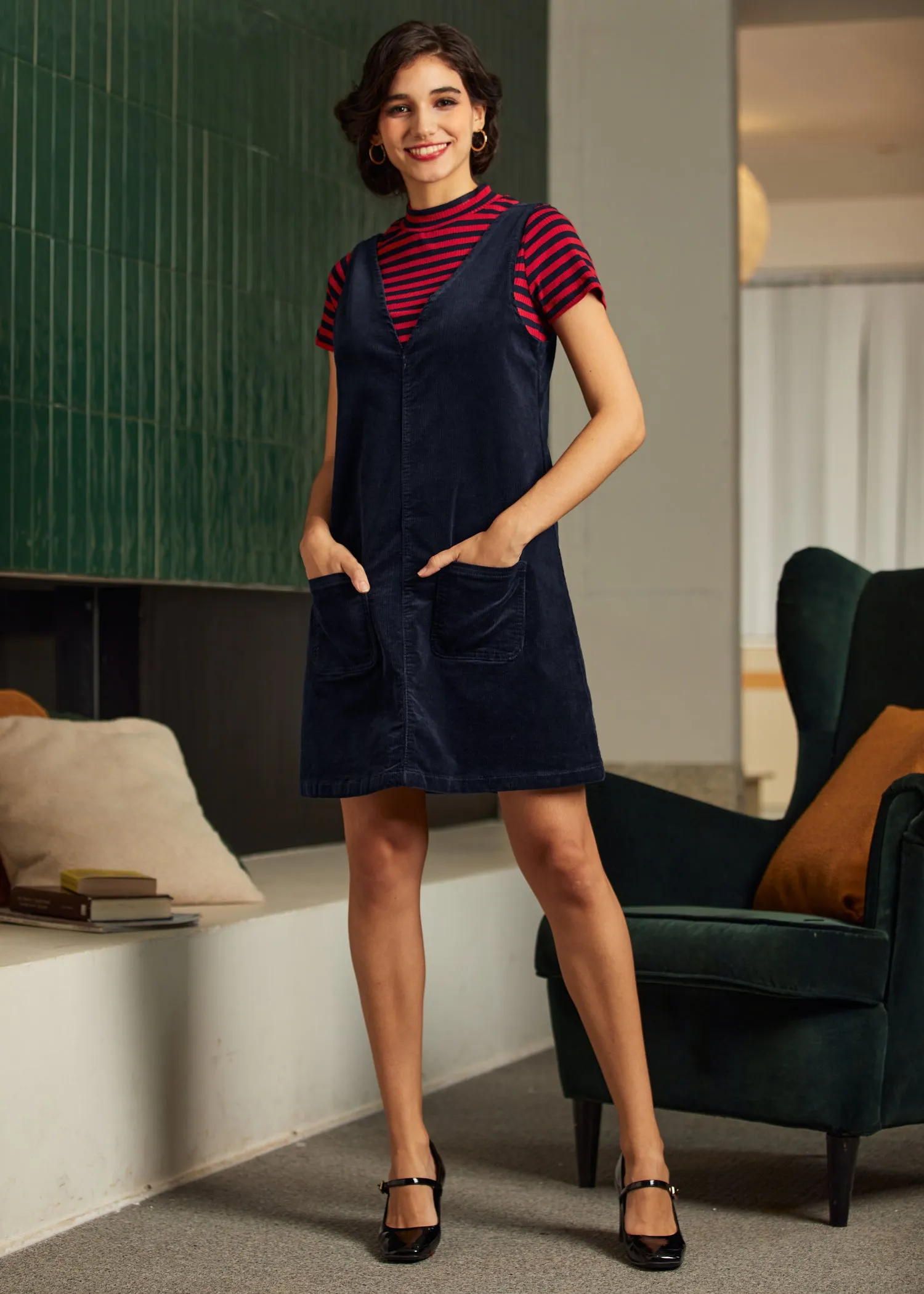 Retro Radiance V-Neck Corduroy  Dress