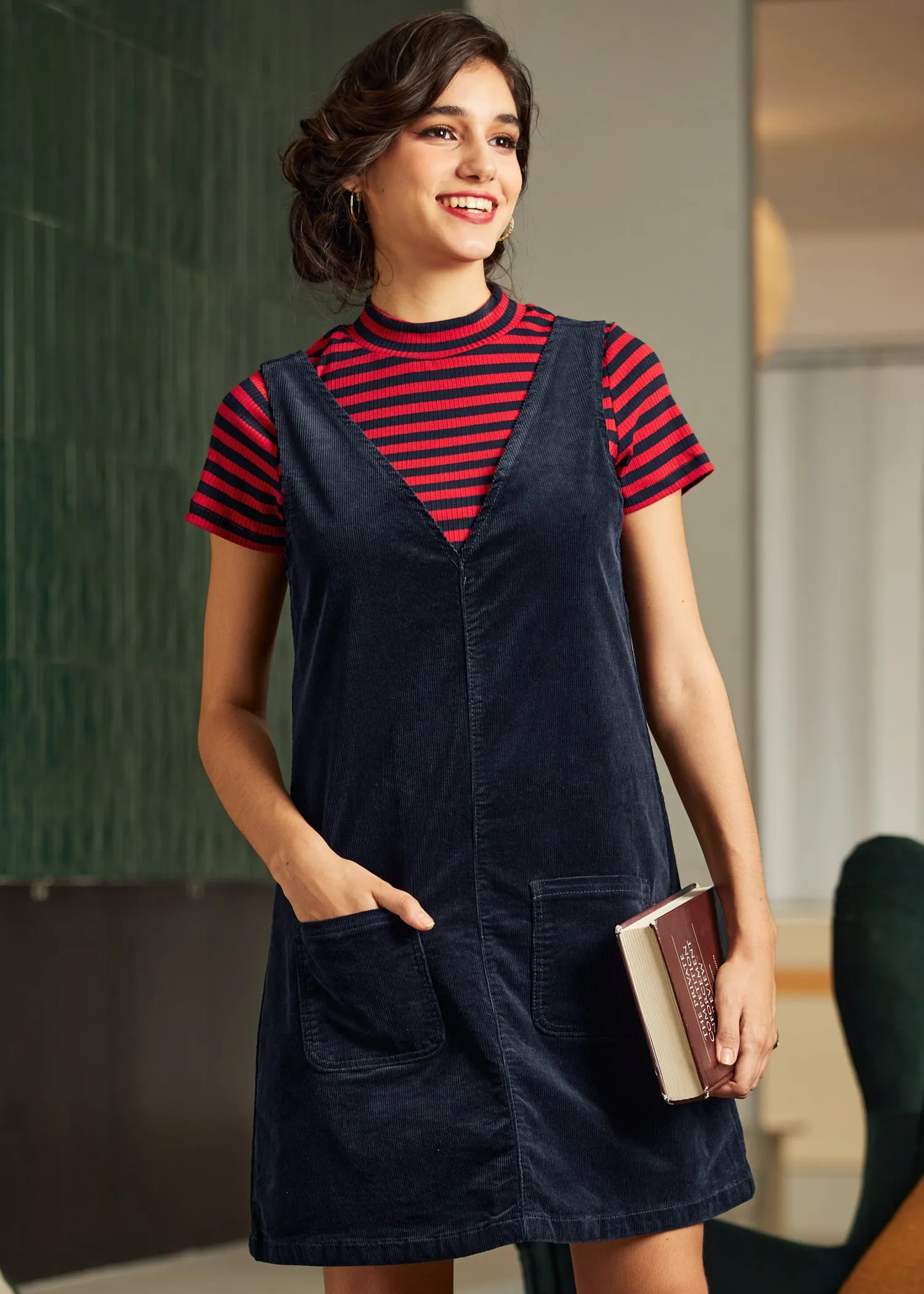 Retro Radiance V-Neck Corduroy  Dress