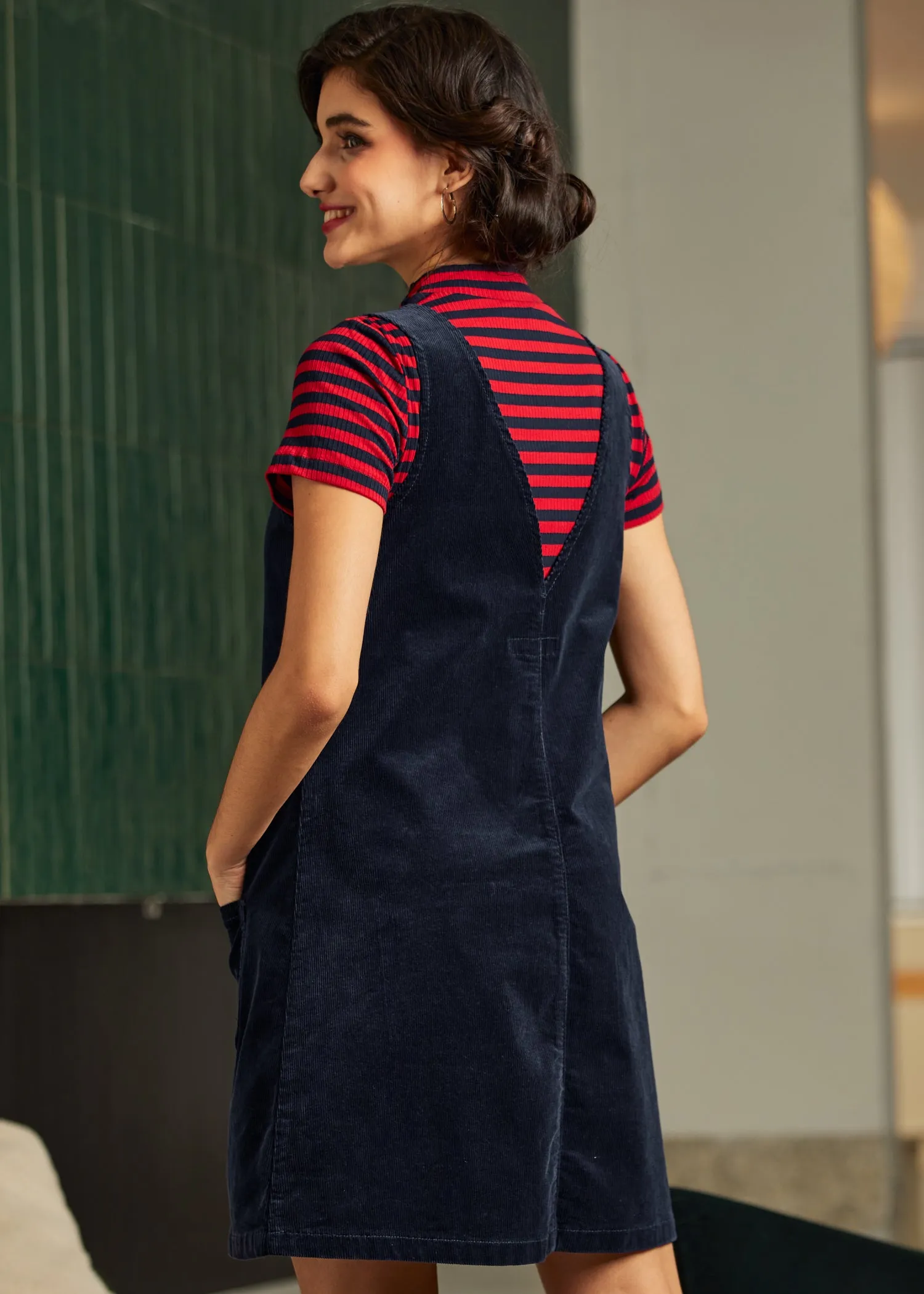 Retro Radiance V-Neck Corduroy  Dress
