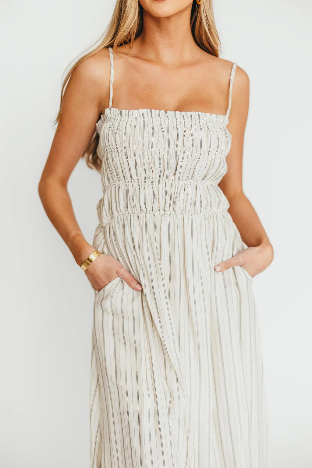 Riley Striped Linen Midi Dress in Ivory