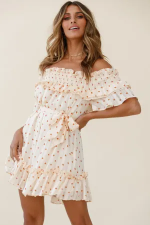 Rita Shirred Off-Shoulder Dress Polka Dot Print Beige