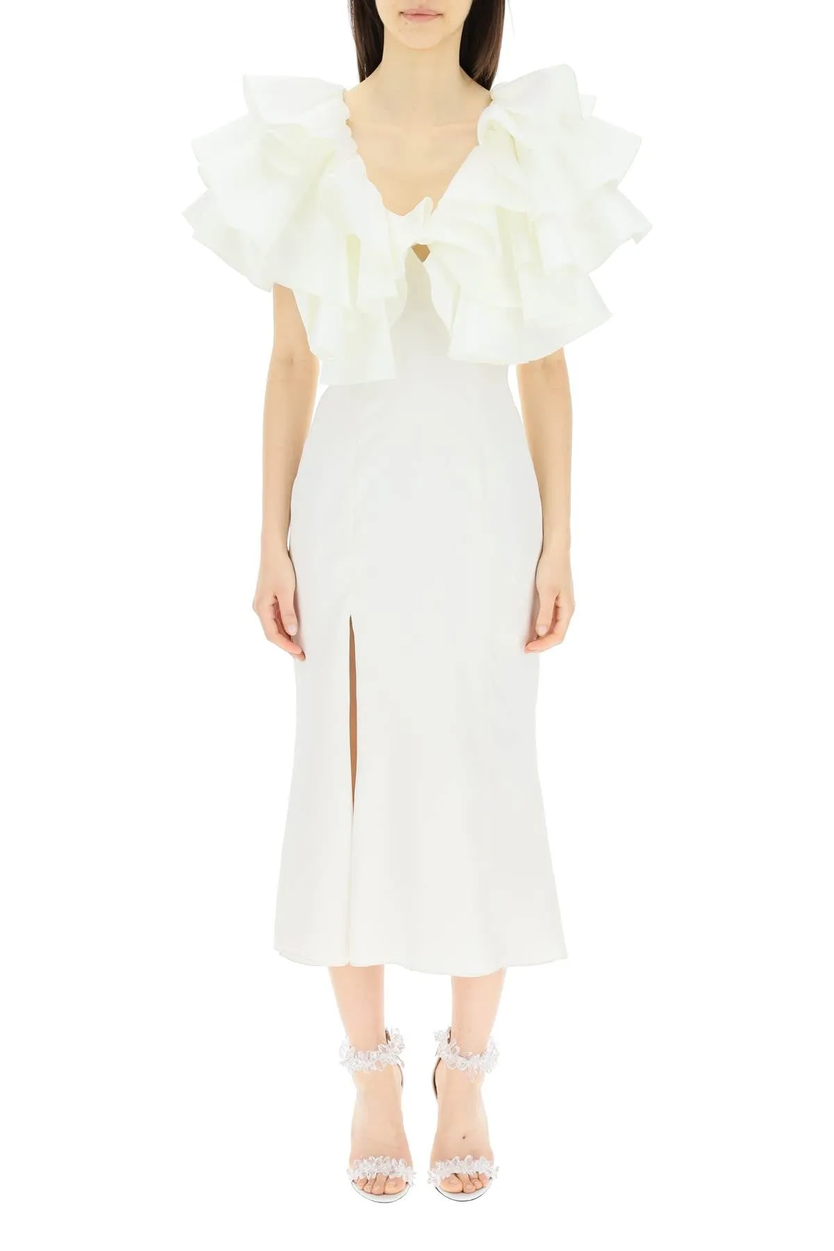 ROTATE Satin Ruffle Carmen Dress