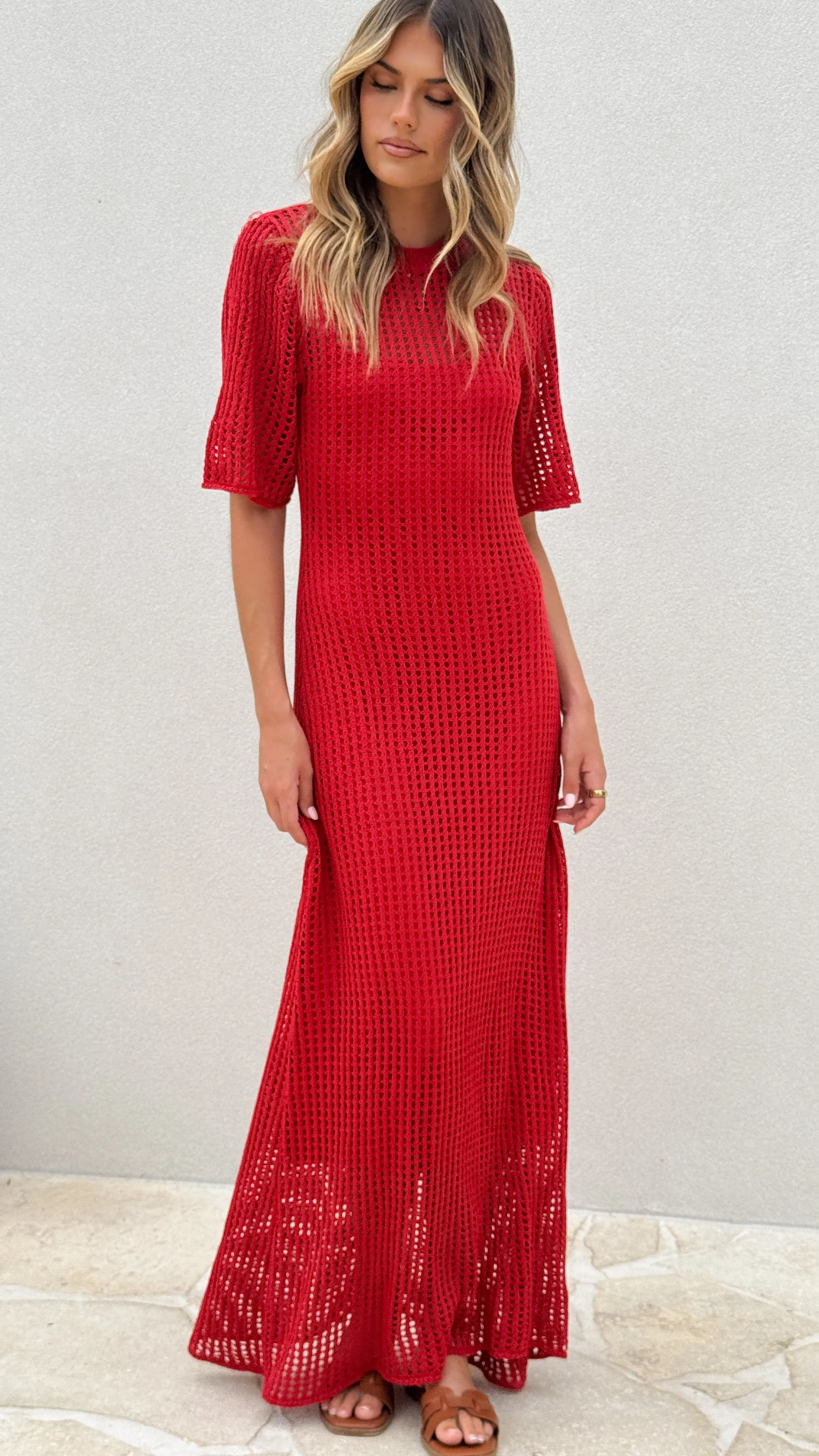 Saisha Crochet Maxi Dress - Red