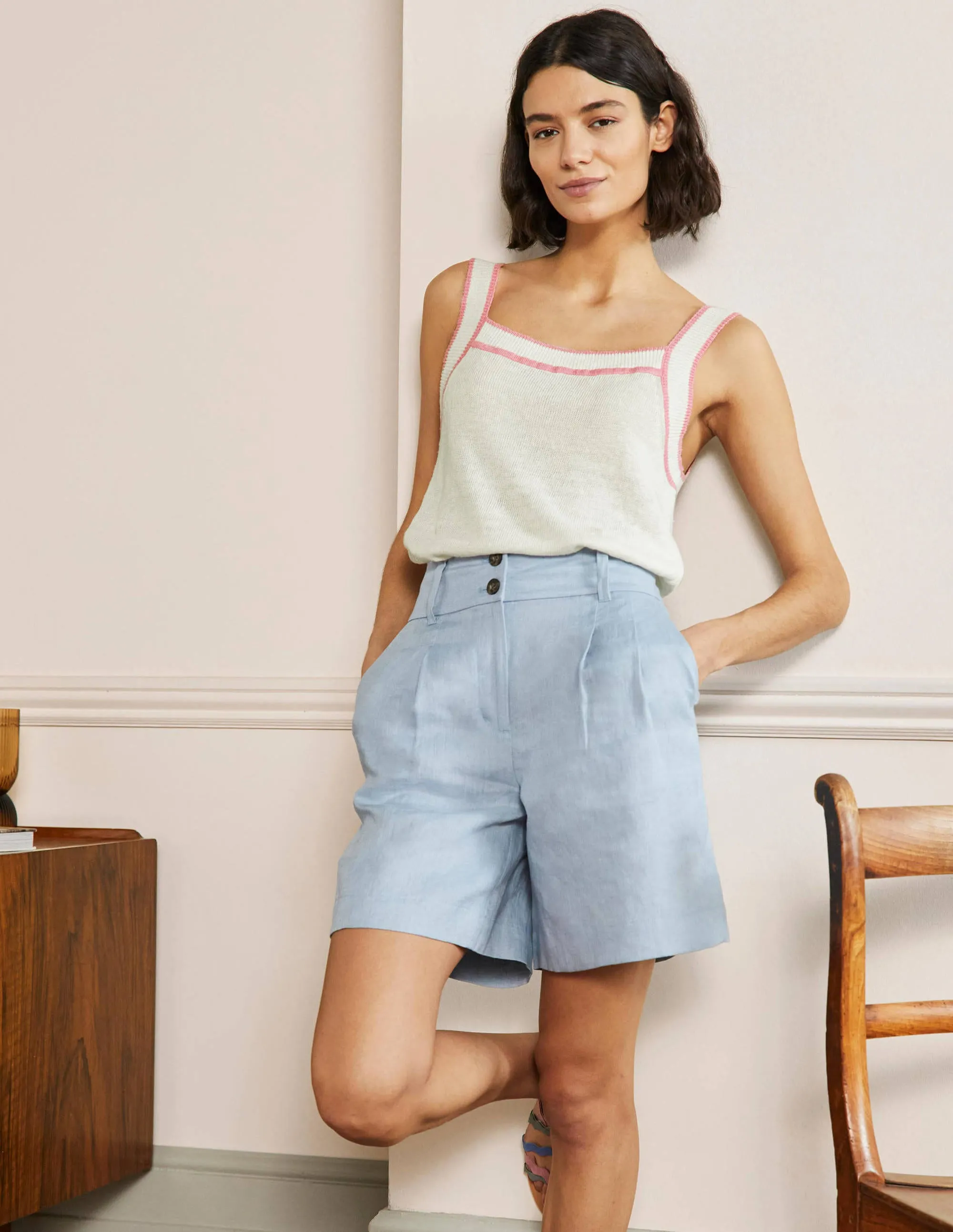 Square Neck Linen Vest-Ivory