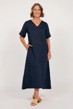 Tamara Linen V-Neck Dress in Navy