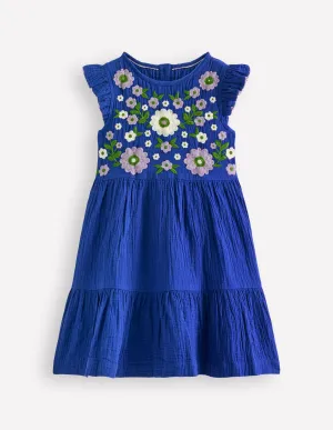 Tiered Doublecloth Dress-Bright Blue Embroidered