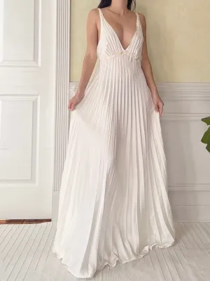 Vintage Pleated Ivory Satin Dress - M
