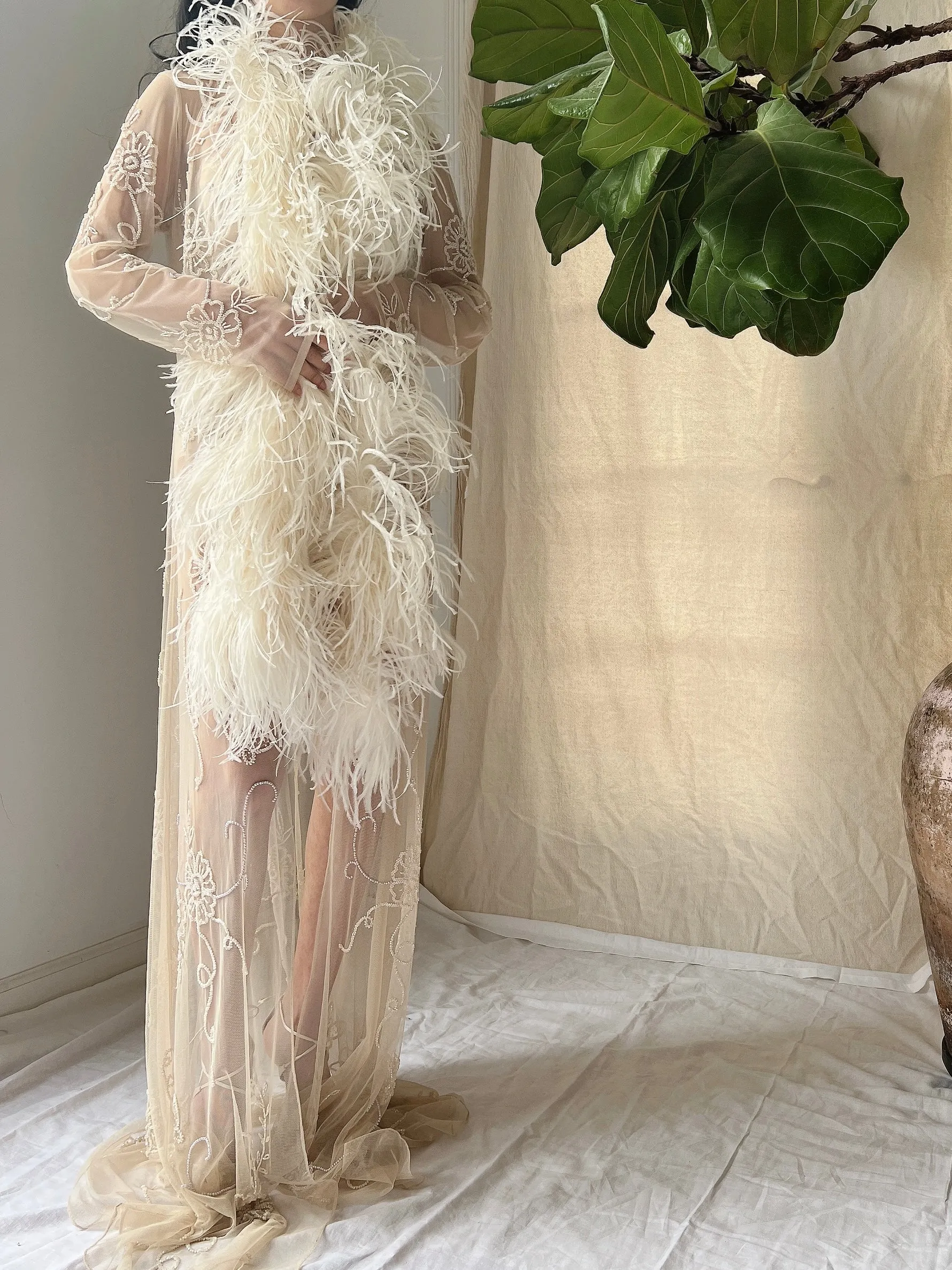 Vintage Sheer Nude Feather Robe - S/M