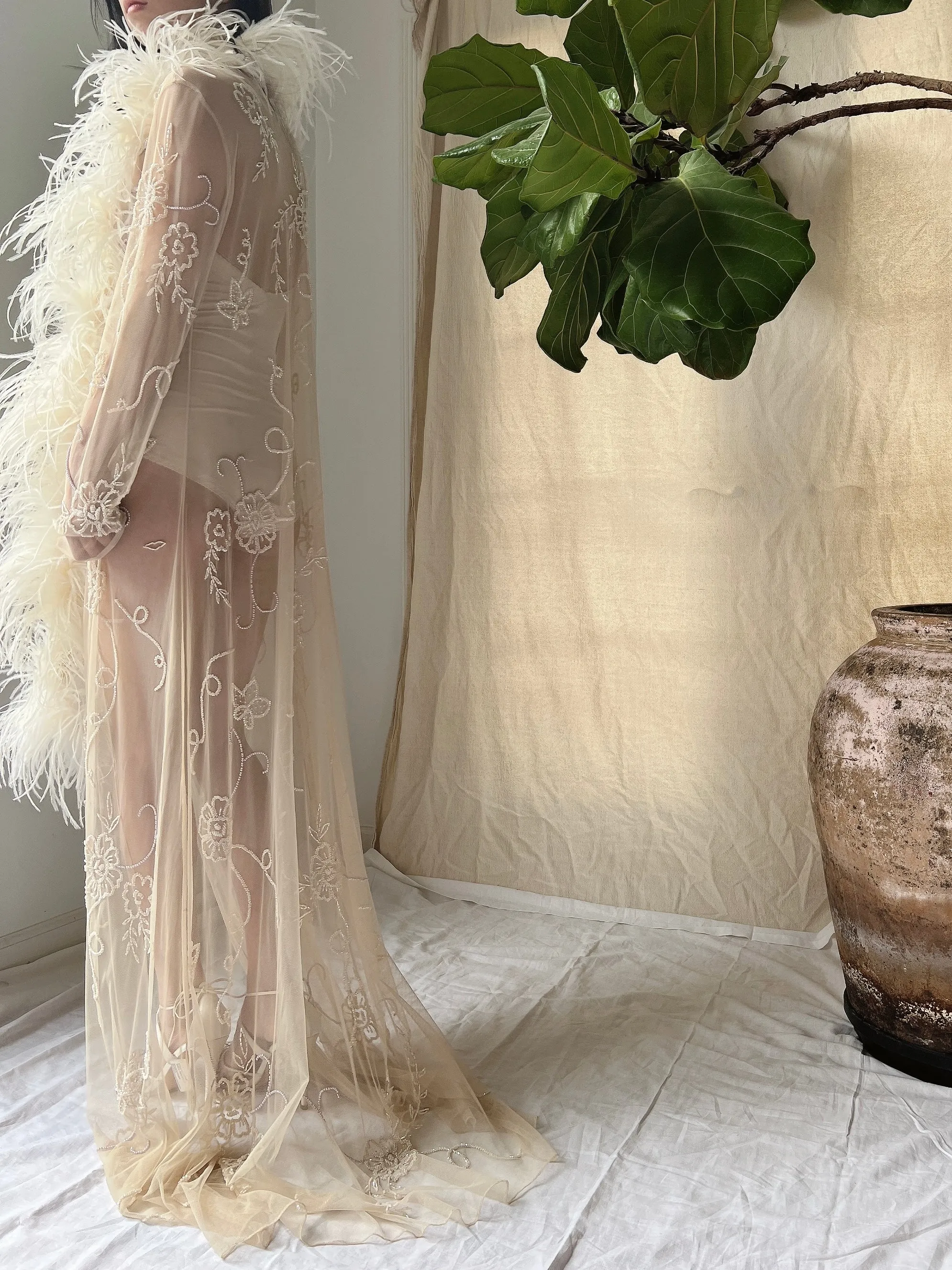 Vintage Sheer Nude Feather Robe - S/M