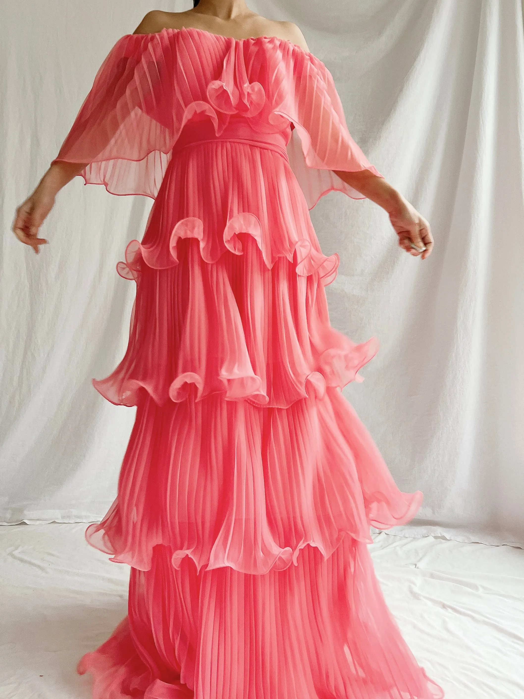 Vintage Watermelon Tiered Chiffon Dress - XS