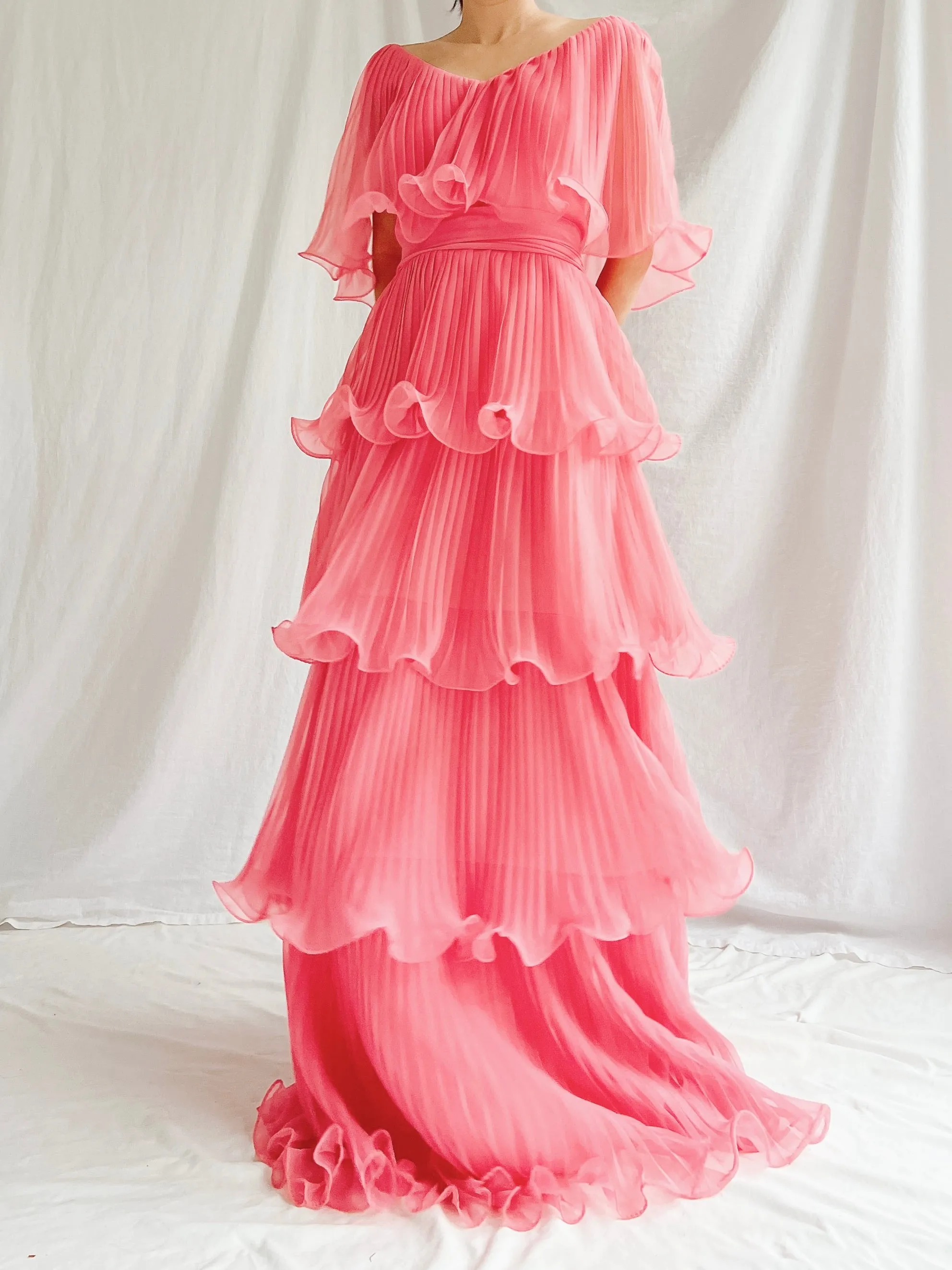 Vintage Watermelon Tiered Chiffon Dress - XS