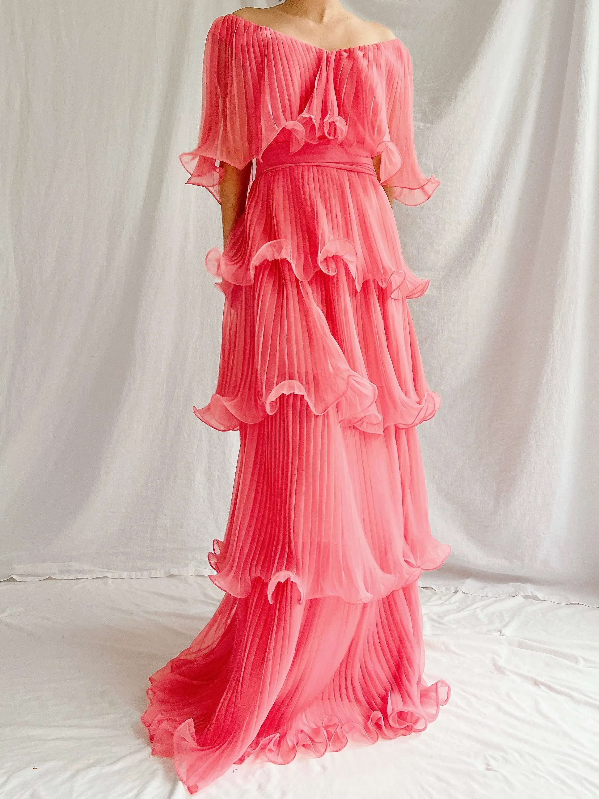 Vintage Watermelon Tiered Chiffon Dress - XS
