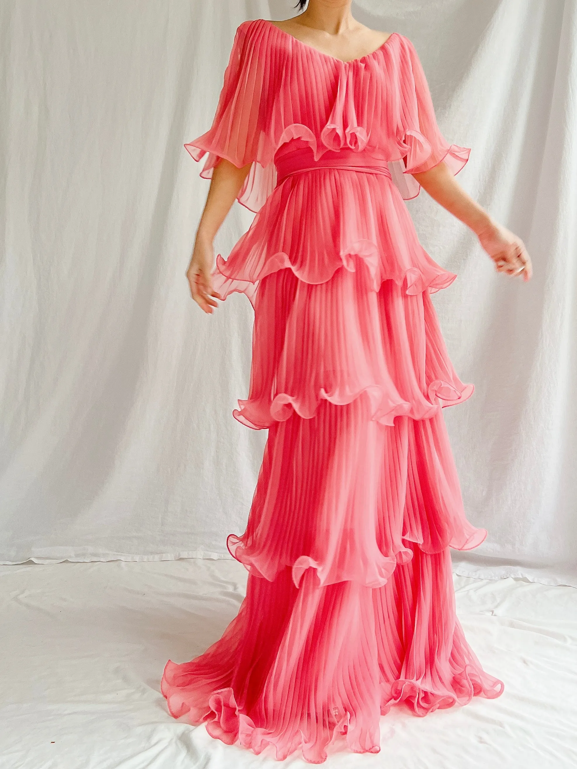 Vintage Watermelon Tiered Chiffon Dress - XS