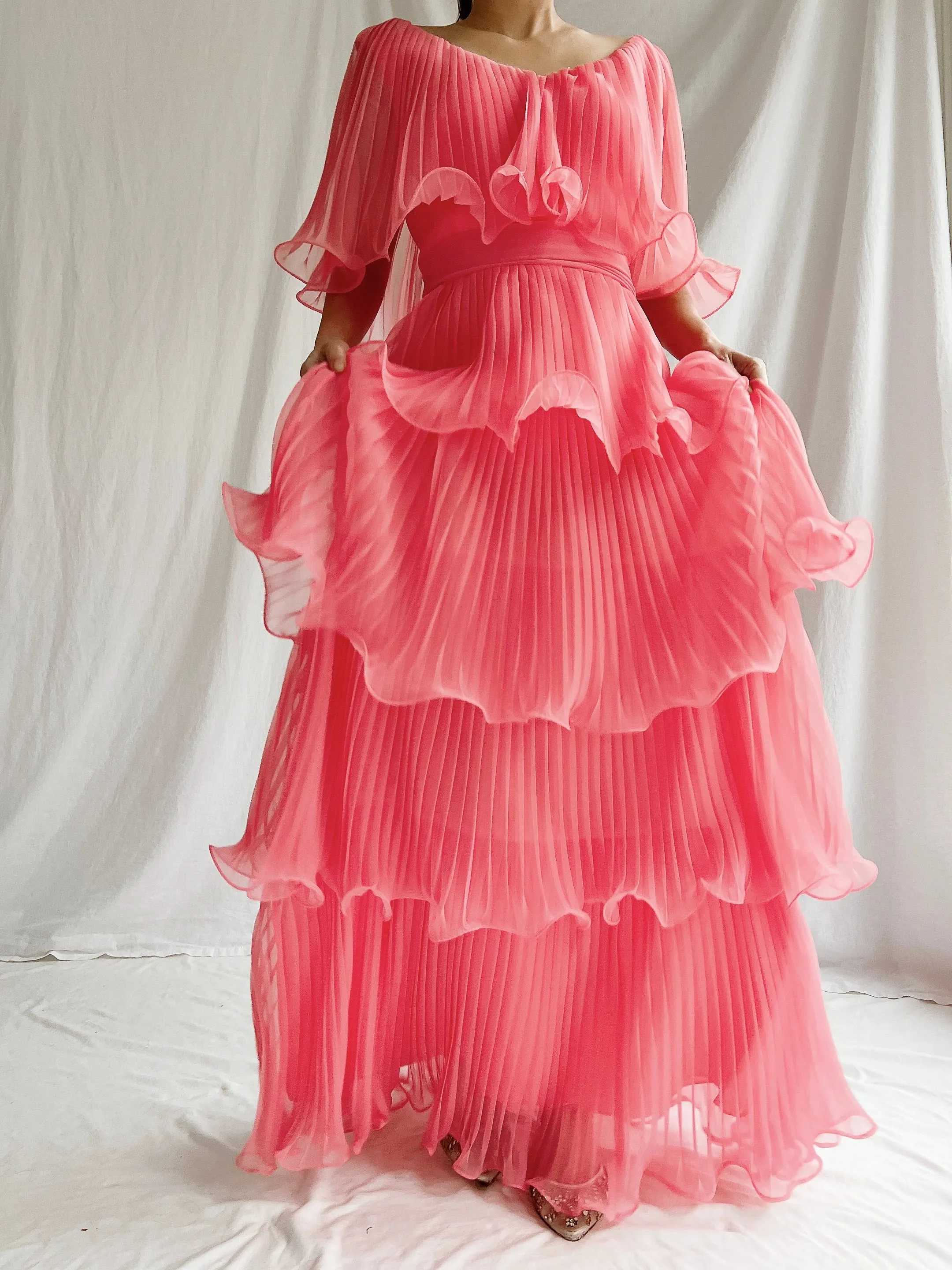 Vintage Watermelon Tiered Chiffon Dress - XS