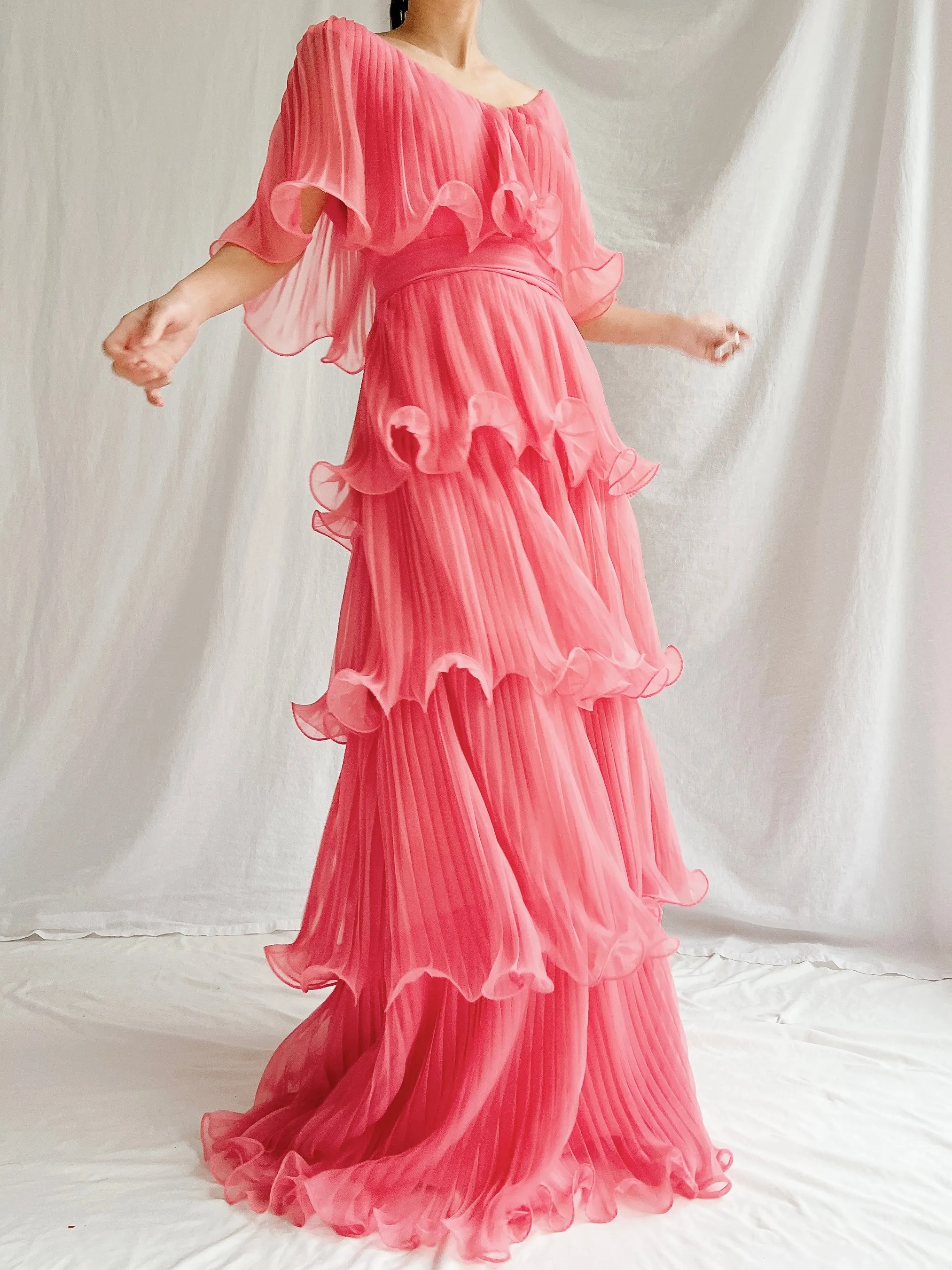 Vintage Watermelon Tiered Chiffon Dress - XS