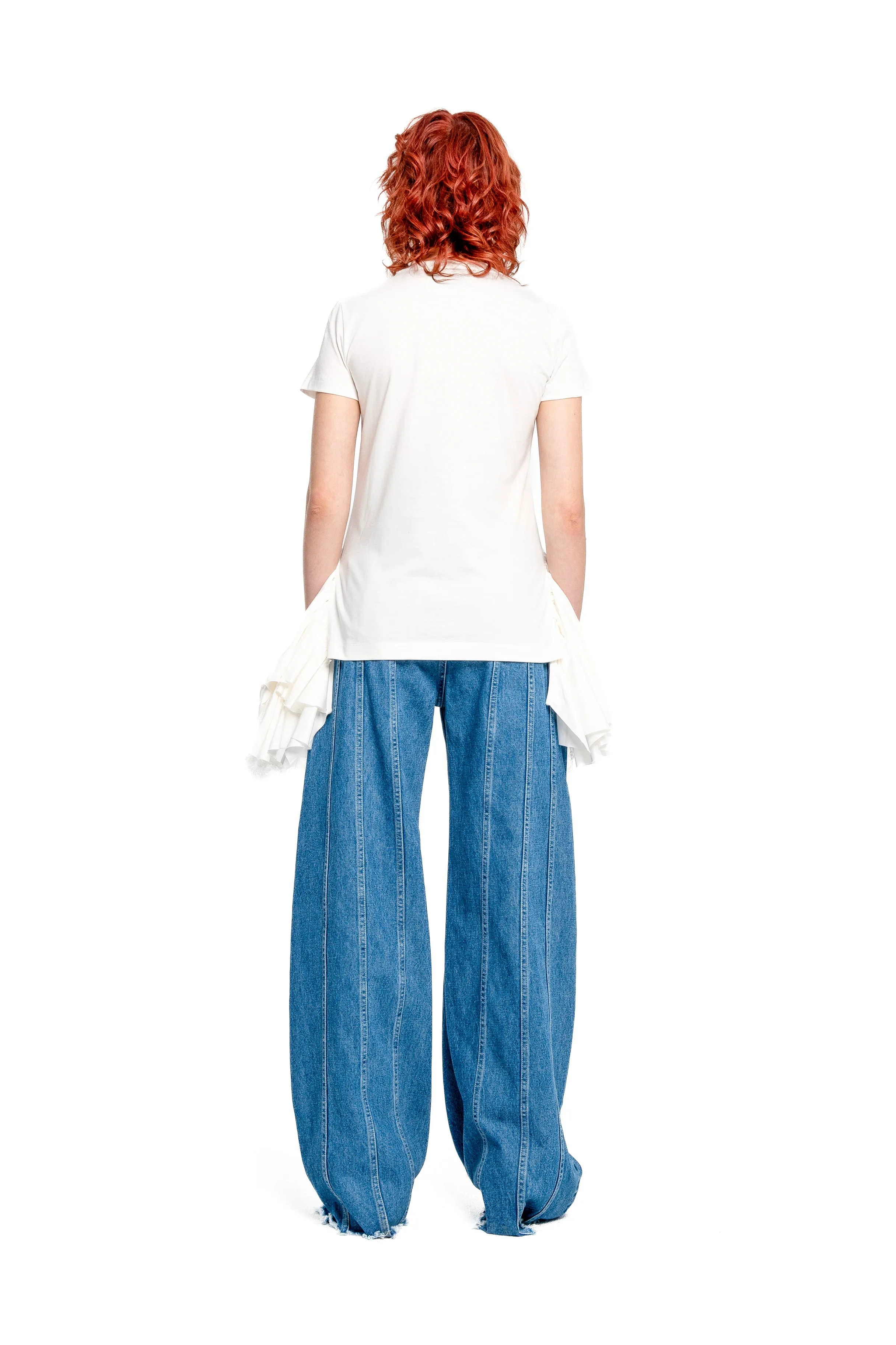 WHITE CAP SLEEVE T-SHIRT WITH FRILL AND LACE HEM