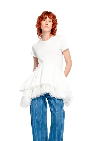 WHITE CAP SLEEVE T-SHIRT WITH FRILL AND LACE HEM