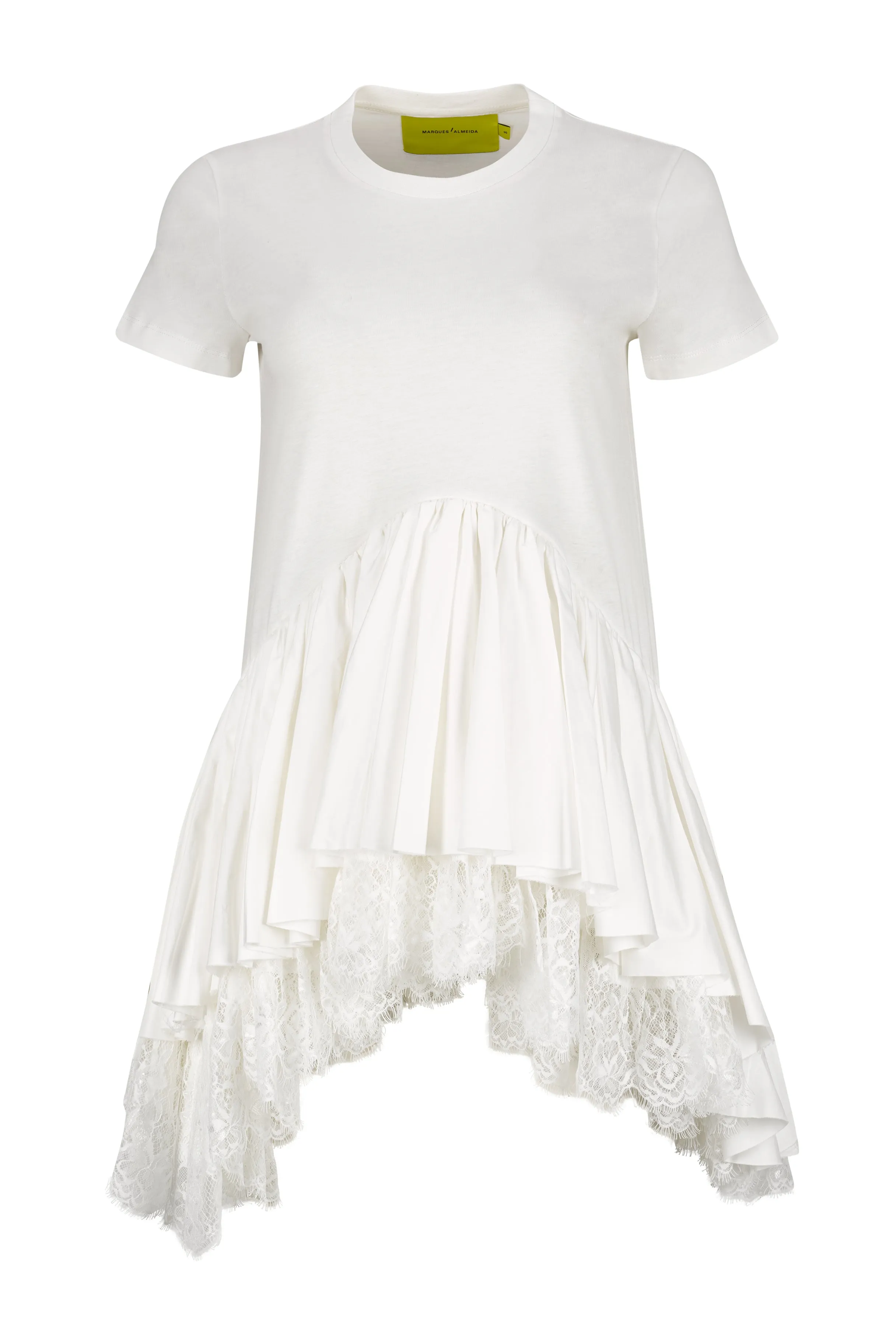 WHITE CAP SLEEVE T-SHIRT WITH FRILL AND LACE HEM