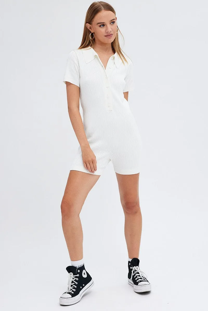 White Knit Romper Short Sleeve Collared Onesie Unitard