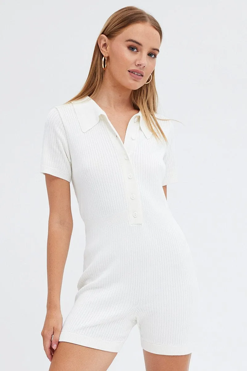 White Knit Romper Short Sleeve Collared Onesie Unitard