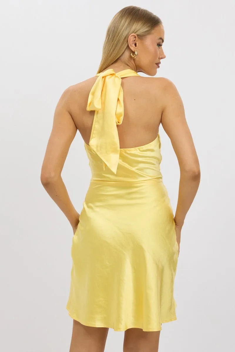 Yellow Mini Dress Cowl Neck Satin