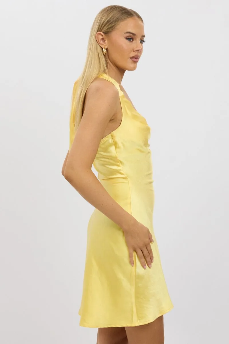 Yellow Mini Dress Cowl Neck Satin