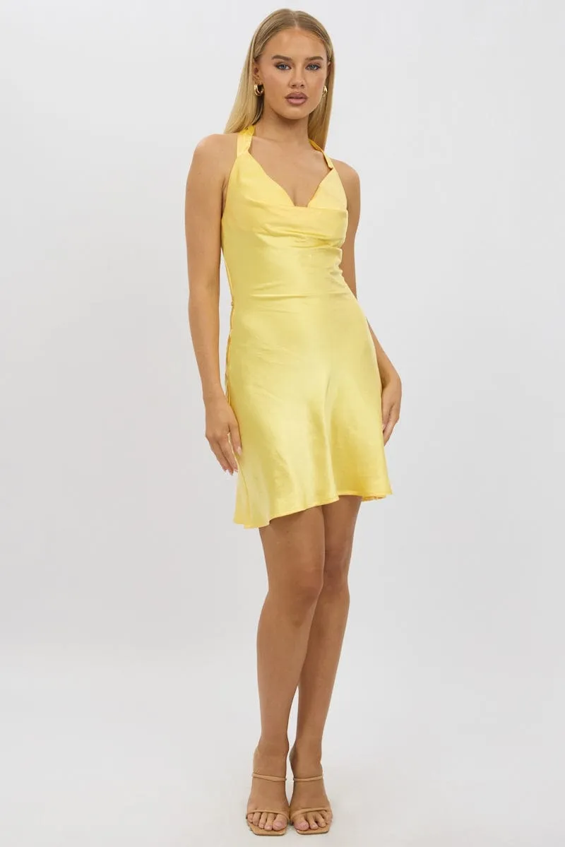 Yellow Mini Dress Cowl Neck Satin