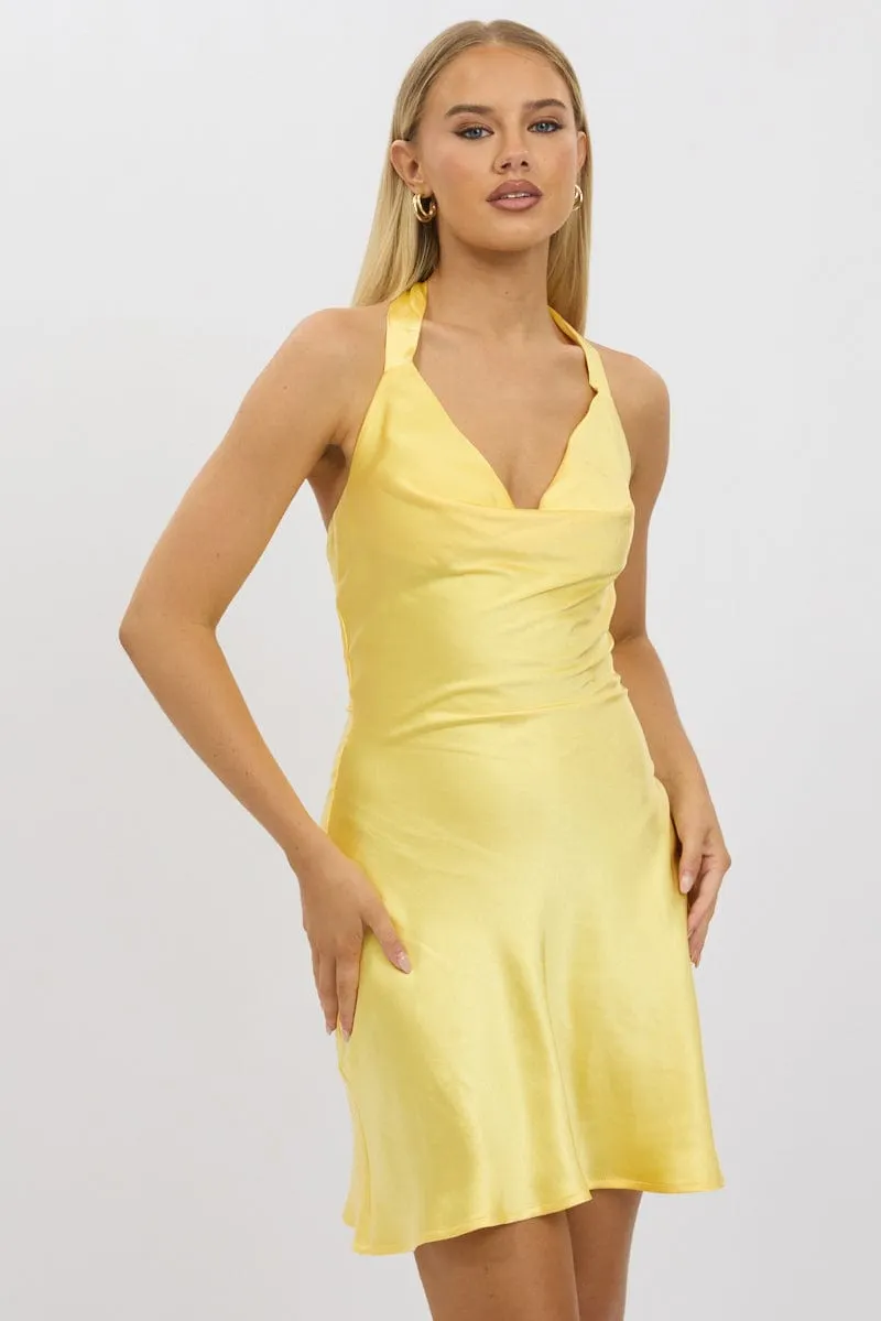 Yellow Mini Dress Cowl Neck Satin